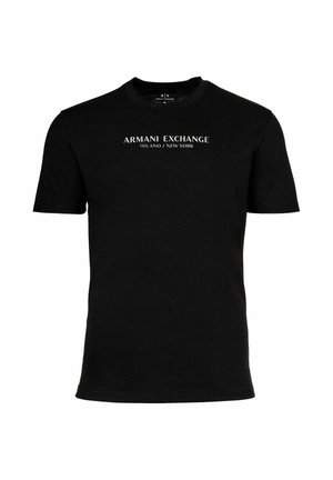 T-shirt en coton noir à manches courtes, col rond, avec un logo blanc indiquant "ARMANI EXCHANGE MILANO / NEW YORK" sur le devant.