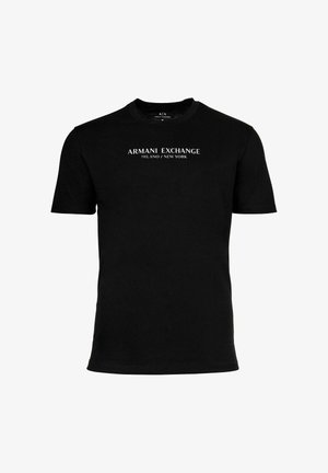 T-shirt en coton noir à manches courtes, col rond, avec un logo blanc indiquant "ARMANI EXCHANGE MILANO / NEW YORK" sur le devant.