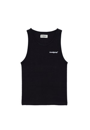 Débardeur noir sans manches en coton avec une texture douce. Doté d'un col arrondi et d'un petit logo blanc sur la poitrine.