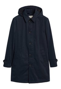 Laivastonsininen sadetakki hupulla, jossa napillinen etuosa, kaksi sivutaskua ja säädettävät hihansuut. Sileä rakenne, kevyt materiaali.