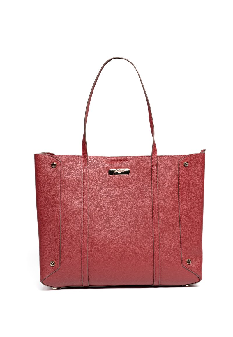 Rote Ledertasche mit silbernen Akzenten, konturiertem Design, zwei langen Griffen und sichtbaren Nahtdetails. Verfügt über goldene Beschläge an den Seiten.