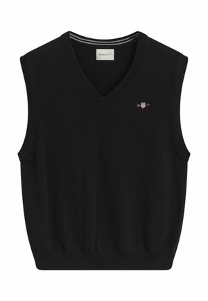 Schwarzer ärmelloser Pullover mit V-Ausschnitt, ausgestattet mit einem gerippten Kragen und einem kleinen Logo-Detail auf der Brust. Hergestellt aus weichem Strickmaterial.