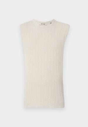 Sleeveless light beige ribbed knit top with a round neckline and textured fabric, featuring a minimal and fitted design.