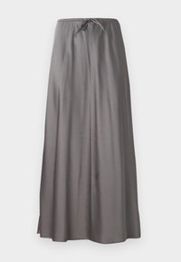 Gray maxi skirt made of smooth, lightweight fabric. Features an elastic waistband with a drawstring and side slits for ease of movement.