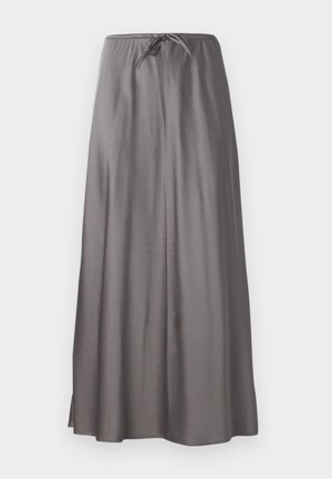 Hame maxi harmaa, joka on valmistettu sileästä, kevyestä kankaasta. Varustettu joustavalla vyötärölinjalla, jossa on nauha, sekä sivuraoilla liikkumisen helppouteen.