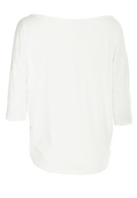 Long-sleeve white top with a wide neckline and loose fit, featuring a smooth texture and a slightly curved hem at the back.