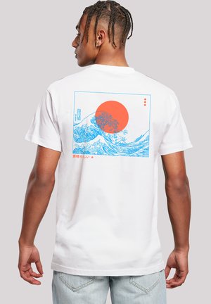 White cotton t-shirt featuring a blue wave graphic and an orange sun on the back, with Japanese text at the bottom. Short sleeves.