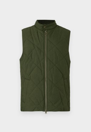 Olijfgroene doorgestikte bodywarmer met een hoge kraag, een rits aan de voorkant en zijzakken. De stof heeft een gestructureerde afwerking met een diamantpatroon.