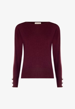 Pull bourgogne à manches longues, en tissu tricot doux, avec un col arrondi et un ourlet côtelé, agrémenté de boutons décoratifs sur les manches.