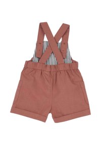 Salopette courte couleur rouille avec des bretelles croisées, dotée d'une doublure intérieure rayée et d'une taille élastique, deux poches latérales.