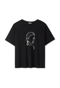 Czarny t-shirt z krótkim rękawem z białym konturowym rysunkiem twarzy kobiety z kolczykiem. Wykonany z miękkiego materiału, o luźnym kroju.