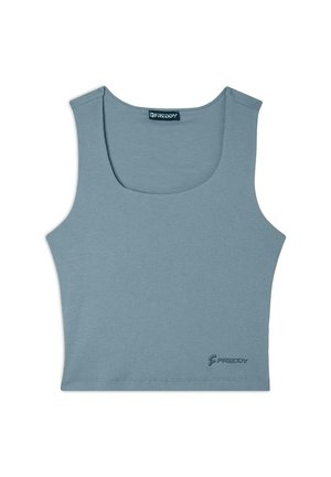Helles blaues, geripptes Tanktop mit weitem Rundhalsausschnitt und taillierter Passform. Es besitzt ein kleines, gesticktes Logo in der unteren Ecke.