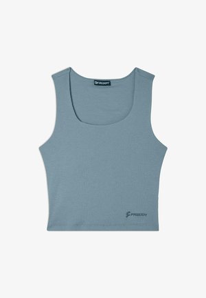 Top a maniche corte blu chiaro a costine con scollatura ampia e forma aderente. Presenta un piccolo logo ricamato nell'angolo in basso.