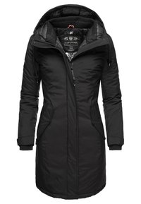Black long parka jacket with a hood, zippered front, and two side pockets. Features ribbed cuffs and a smooth outer material. Insulated lining.