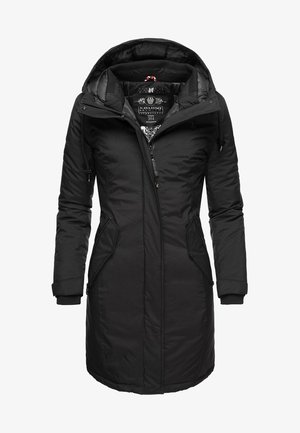 Black long parka jacket with a hood, zippered front, and two side pockets. Features ribbed cuffs and a smooth outer material. Insulated lining.