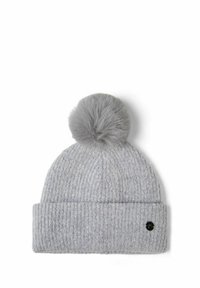 Vaaleanharmaa neulottu pipo, jossa on käännetty reunus ja suuri pörröinen pompomi päällä. Pipossa on pieni musta pyöreä logo reunuksessa.