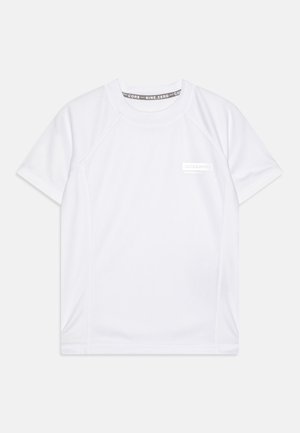 White short-sleeve sports t-shirt made of moisture-wicking fabric, featuring raglan sleeves and a small logo on the chest.