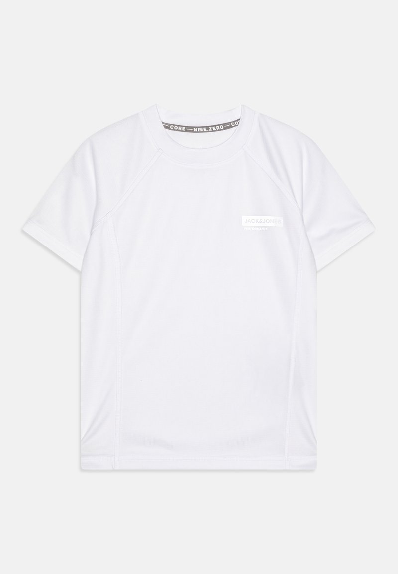 Tricou sportiv alb cu mânecă scurtă, realizat dintr-un material care absoarbe umiditatea, având mâneci raglan și un mic logo pe piept.