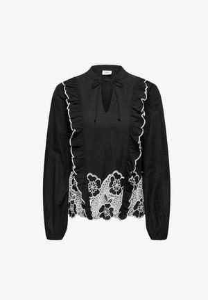 Bluză neagră cu mâneci lungi, cu o guler plisat, decupaj în formă de cheie și detalii din dantelă florală albă pe marginea de jos. Fabricată din material de bumbac.