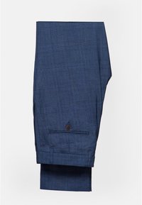 Granatowe spodnie w kratkę wykonane z teksturowanej tkaniny, z zapięciem na pojedynczy guzik i dopasowanym krojem nogawki, co zapewnia zarysowaną sylwetkę.