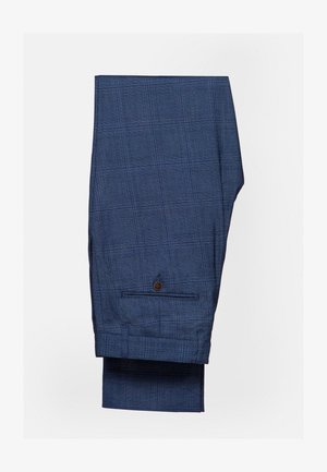 Granatowe spodnie w kratkę wykonane z teksturowanej tkaniny, z zapięciem na pojedynczy guzik i dopasowanym krojem nogawki, co zapewnia zarysowaną sylwetkę.