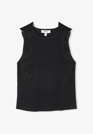 Czarny prążkowany top na ramiączkach z misternymi czarnymi haftami na ramionach i siateczkowymi akcentami. Okrągły dekolt i bezrękawowy fason.