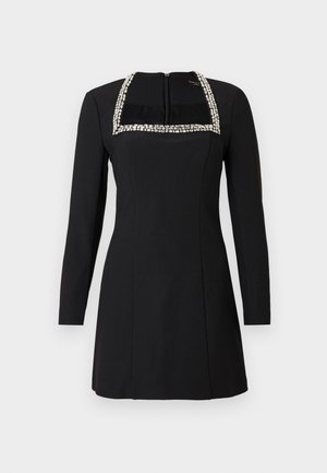 Schwarzes Langarmkleid mit einem quadratischen Ausschnitt, verziert mit klaren Strasssteinen, tailliertem Schnitt und Reißverschluss auf der Rückseite.
