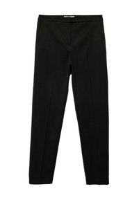 Zwarte broeken met een gladde textuur, slim fit en voorzakken; met een platte tailleband en geen zichtbare sluitingen.