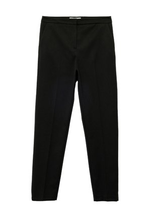 Schwarze Hosen mit glatter Textur, slim fit und Taschen vorne; mit flachem Bund und ohne sichtbare Verschlüsse.