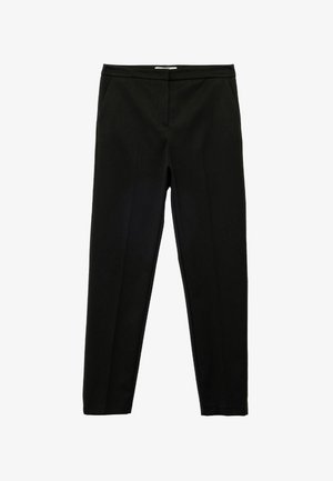 Pantalones negros con una textura suave, ajustados al cuerpo y con bolsillos frontales; cuentan con una cinturilla plana y sin cierres visibles.