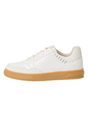 Sneakers with white leather upper, round toe, and lace-up front. Features a textured tan rubber sole and three grey accent stripes on the side.
