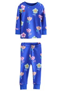 Sinine puuvillane pidžaama komplekt, mis sisaldab pikkade varrukatega tibi ja sobivaid pükse. Muster sisaldab naeratavaid lilli ja värvilisi kommi. Pehme tekstuur.