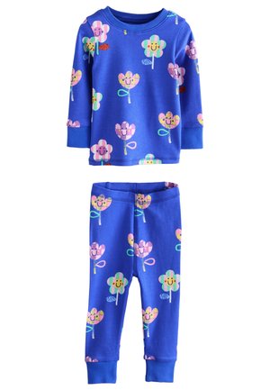 Sinine puuvillane pidžaama komplekt, mis sisaldab pikkade varrukatega tibi ja sobivaid pükse. Muster sisaldab naeratavaid lilli ja värvilisi kommi. Pehme tekstuur.