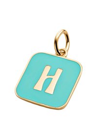 Colgante cuadrado en tono dorado con un fondo de esmalte turquesa y una letra "H" dorada en el centro. Presenta un lazo para su sujeción.