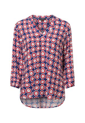 Blusa a maniche lunghe rossa, bianca e blu con motivo ottagonale, scollatura a V e design a orlo asimmetrico. Tessuto leggero e liscio.