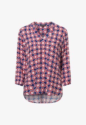 Rote, weiße und blaue Bluse mit langen Ärmeln, die ein achteckiges Muster, einen V-Ausschnitt und ein asymmetrisches Saumdesign aufweist. Leichtes, glattes Material.