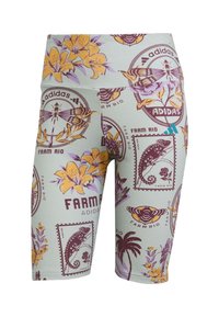 Simának tűnő anyagból készült leggings, világoskék háttérrel, amelyen színes virág- és állatminták találhatók, az Adidas és a Farm Rio logóival.