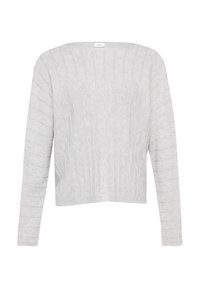 Hellgrauer, langärmliger Pullover mit weitem quadratischem Ausschnitt und Rippstruktur, die feine vertikale Linien entlang des Körpers zeigt.