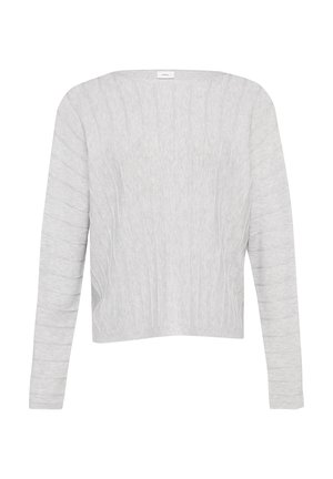 Jasnoszary sweter z długim rękawem o szerokim kwadratowym dekolcie i prążkowanej strukturze, z subtelnymi pionowymi liniami wzdłuż korpusu.