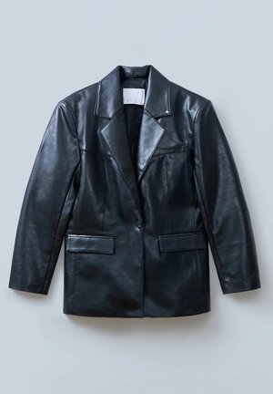 Black leather blazer with a notched lapel, single button closure, two front pockets, and a smooth, shiny texture.