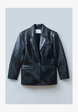 Black leather blazer with a notched lapel, single button closure, two front pockets, and a smooth, shiny texture.