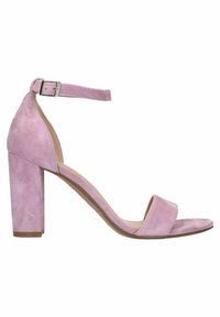 Roze suède sandalen met hoge hakken, een enkelbandje, open teen en een blokhak. Gladde textuur en minimalistisch ontwerp.