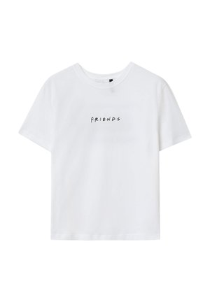T-shirt en coton blanc avec des manches courtes et un col rond, imprimé du mot "FRIENDS" en police cursive noire sur la poitrine.