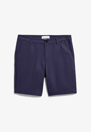 Marineblauwe casual korte broek met knoop- en ritssluiting, lussen voor een riem, zijzakken en merkembleem op de rechter voorzak.
