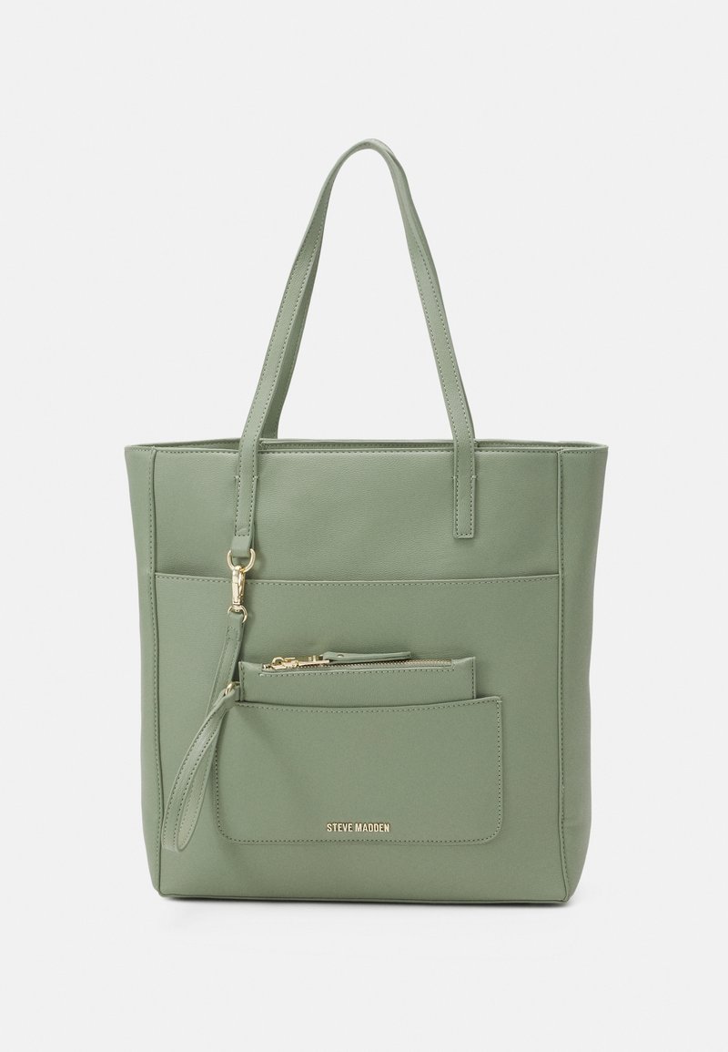 Sac tote en simili cuir vert avec doubles poignées, poche zippée à l'avant, matériel en doré et forme rectangulaire plate.