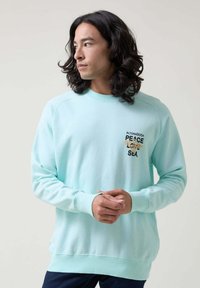 Sudadera de color verde claro con puños y dobladillo acanalados, que presenta un diseño gráfico con las palabras "PAZ" y "MAR" en negro y dorado. Textura de tela suave.