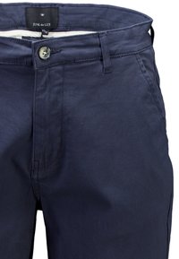 Ciemnogranatowe spodnie bawełniane w stylu chino z zapięciem na guzik, szlufkami na pasek i bocznymi kieszeniami. Metka z napisem "JUNK de LUX", rozmiar 34/32.