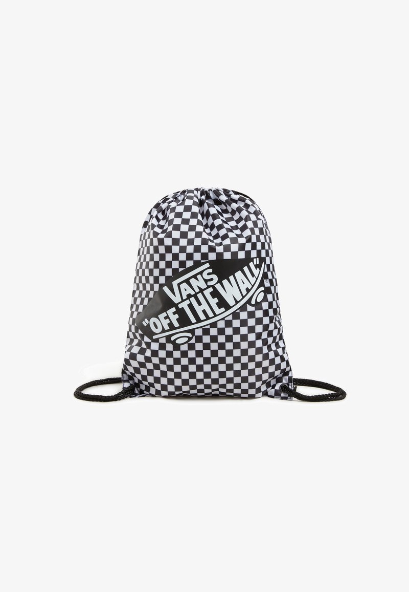 Borsa a tracolla a sacchetto con motivo a scacchi bianco e nero e logo "Vans OFF THE WALL". Realizzata in tessuto resistente con fondo arrotondato e spallacci neri.