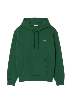 Dunkelgrüner Hoodie mit Fronttasche, Kordelzug an der Kapuze, gerippten Bündchen und kleinem Krokodil-Logo auf der Brust.