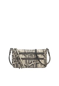 Sac bandoulière imprimé python en beige et noir, doté de deux poches zippées à l'avant et d'une sangle amovible avec des accents décoratifs.
